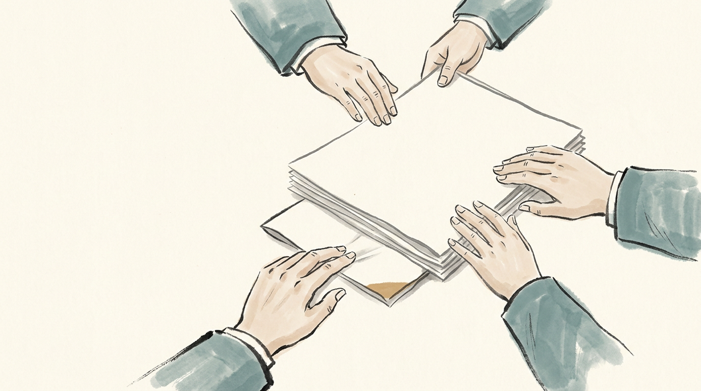 淡彩水墨俯视:会议桌一角,几只手从不同方向整理同一叠方案稿,其中一只手停在纸叠边缘,指下压着半露的折角草稿,没有抽出;袖口有灰青色淡染,折角处一点淡赭。